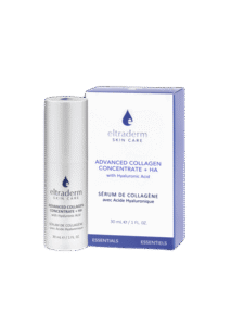 Collagen serum bottle and box on black.