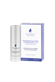 Collagen serum bottle and box on black.